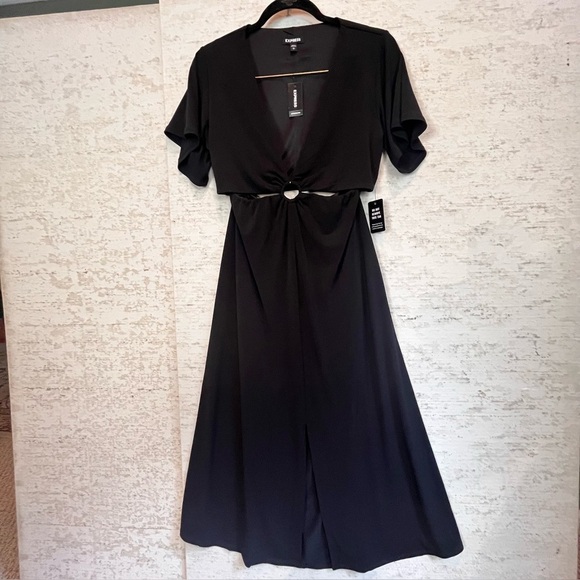 NWT Express Black 2-Piece Skirt Top Attached with O-ring Sz S Night Out V-Neck - Picture 2 of 16